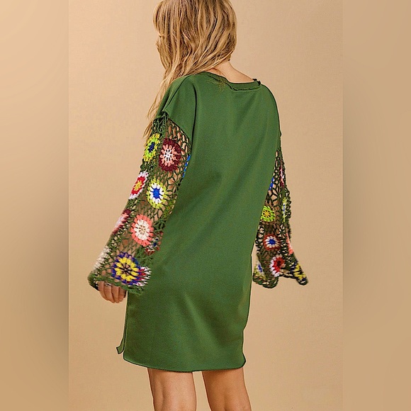 Umgee Crochet Sleeve French Terry Dress in Olive NWOT - Picture 4 of 8